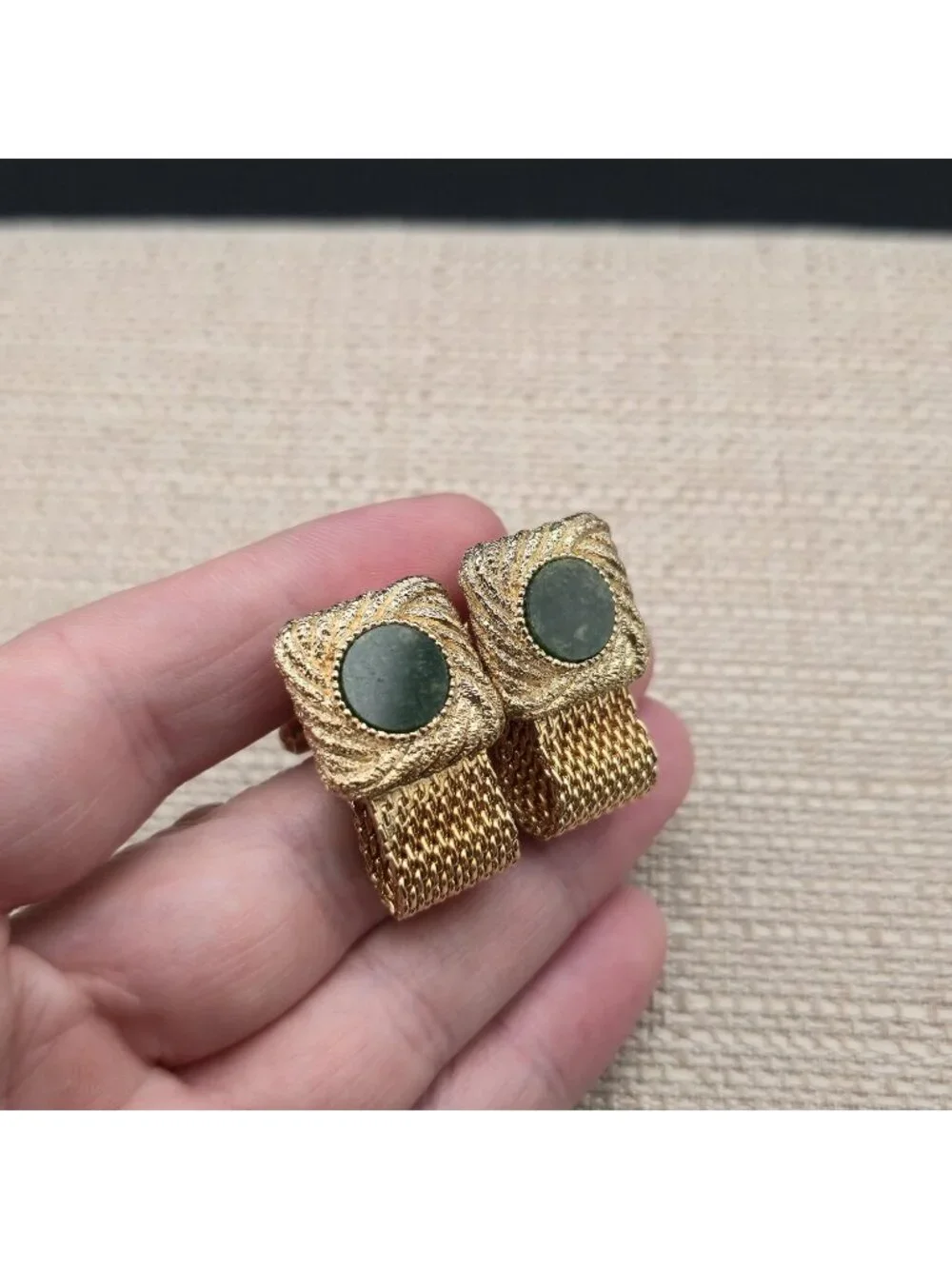 Vintage Mesh Wrap Cufflinks, Faux Jade Green Stone Square Men's Gift A8139
